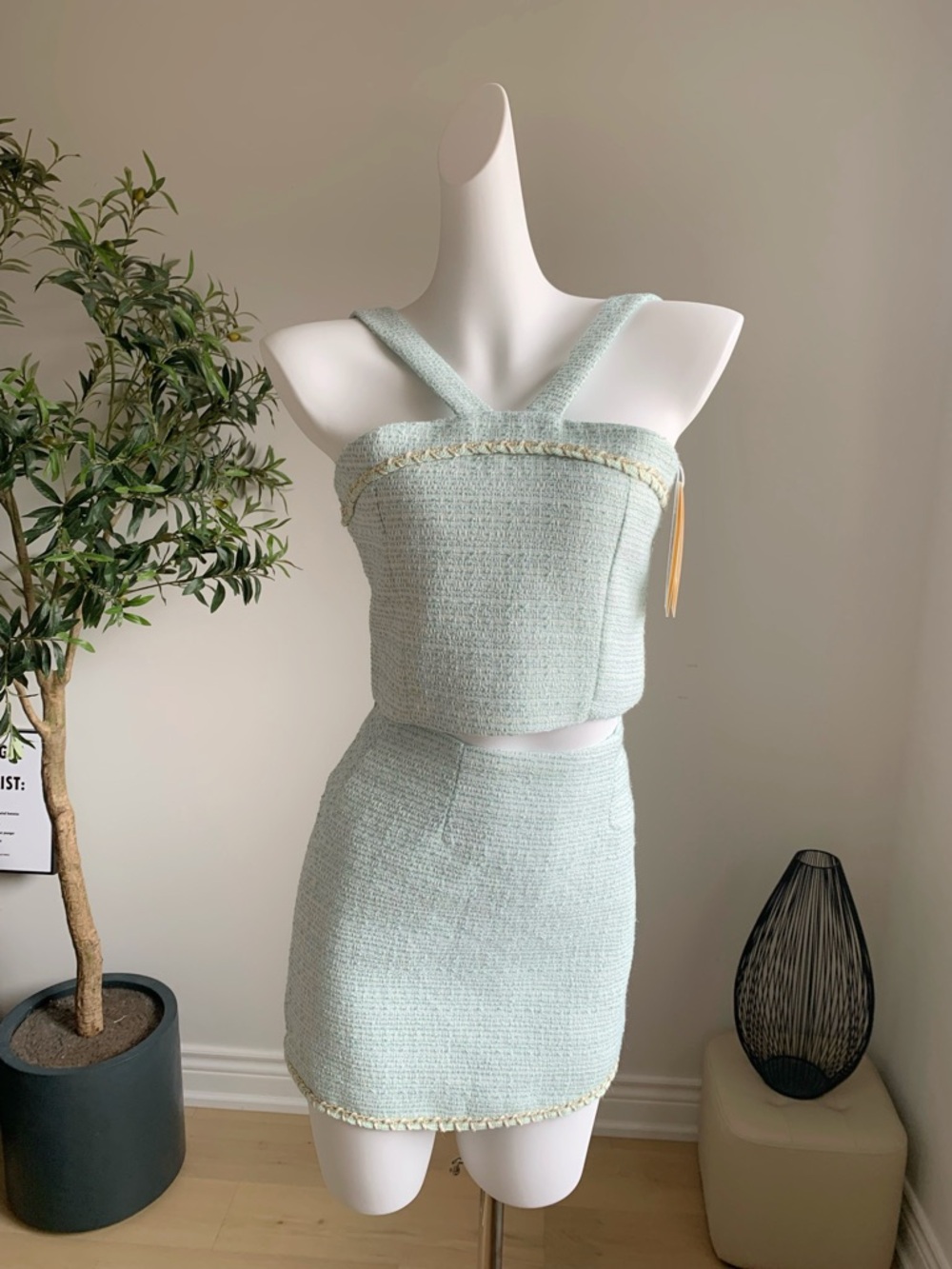Mint Tweed Two Piece Set Gold Thread Mini Skirt XS NWT